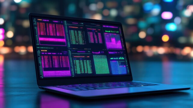 A vibrant laptop screen displaying colorful data analytics and coding in a modern urban setting at night.