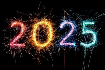 Colorful Sparklers draw text  2025 on black background
