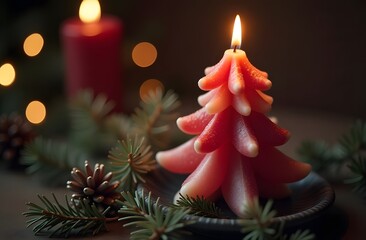 Obraz premium Delightful candle shaped like a Christmas tree with festive decorations at night. Generative AI