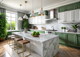 Fototapeta premium Sleek white marble tabletop with vibrant green accents showcased in a stylish, modern 3D rendered kitchen setting,