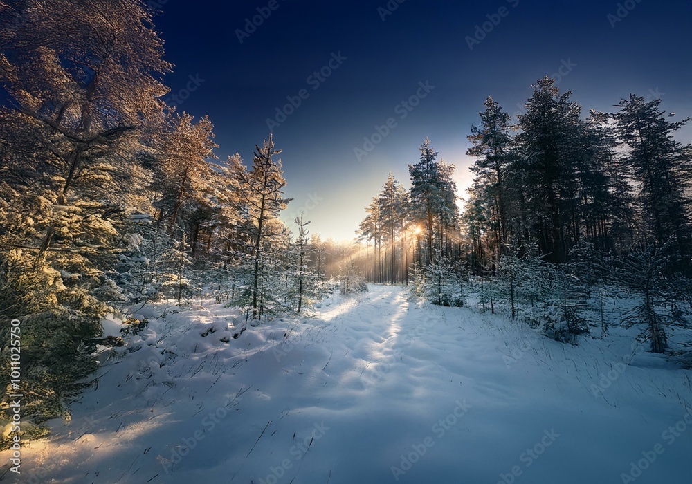 Poster A snowy forest path winds through a stand of pine trees with golden sunlight streaming through the branches.