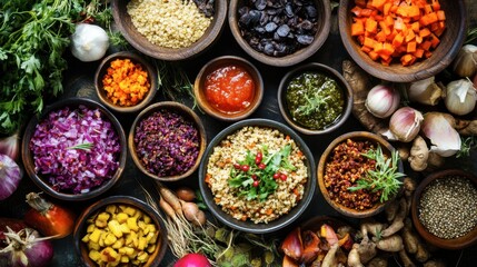 Fototapeta premium A colorful platter of traditional Northern dishes, such as roasted root vegetables, hearty grain salads, and herbal sauces.