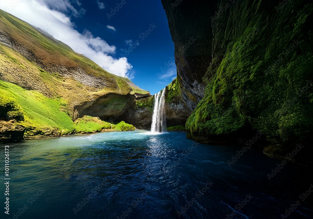 Aufkleber a waterfall flows into a deep blue pool of water surrounded by moss-covered cliffs and a bright blue