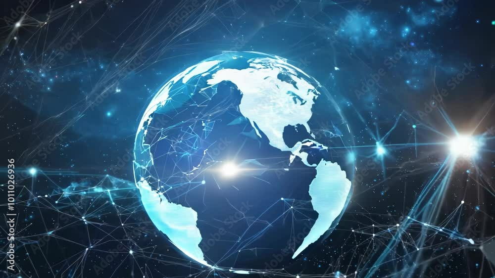 Poster A blue and white globe with a network of lines connecting it