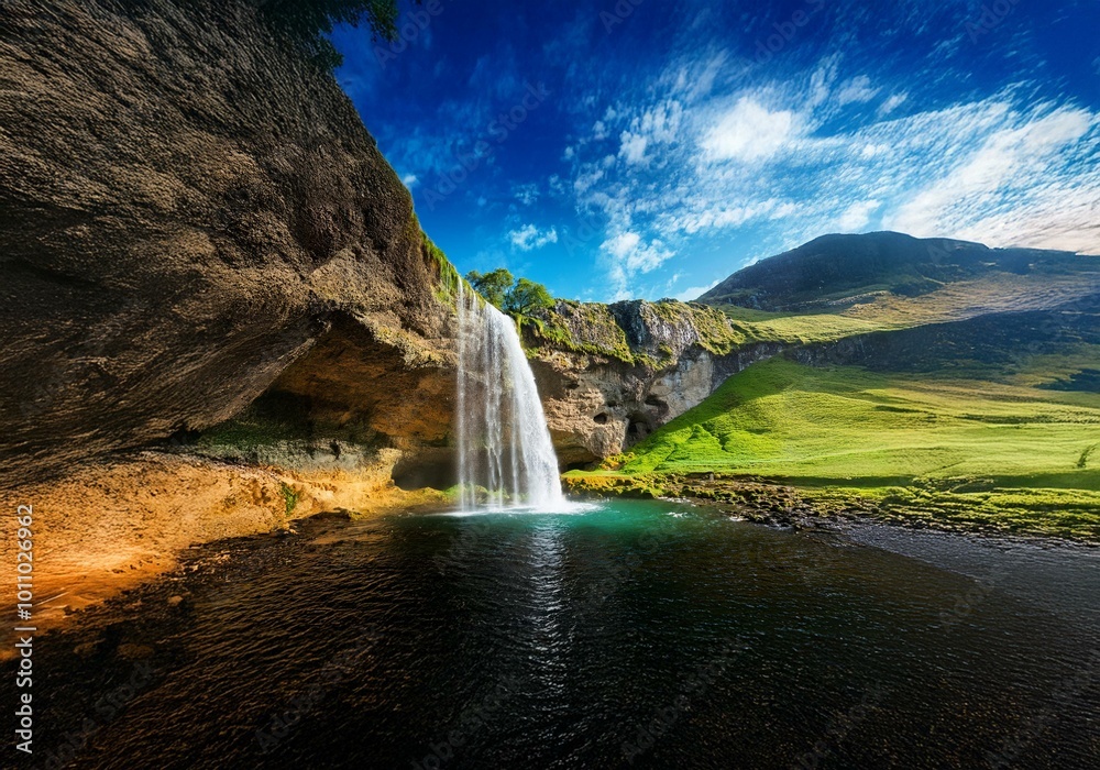 Aufkleber waterfall cascading down a cliff face into a still pool.