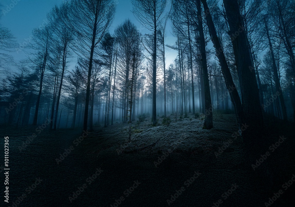 Poster a dense, dark forest shrouded in fog with the light of the sky peeking through the trees.