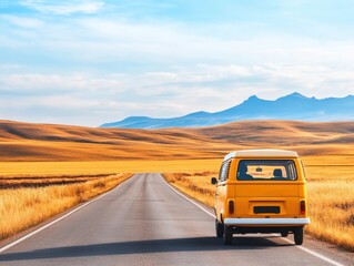 Obraz premium A vintage yellow van drives down a scenic road, surrounded by golden fields and majestic mountains under a clear blue sky.