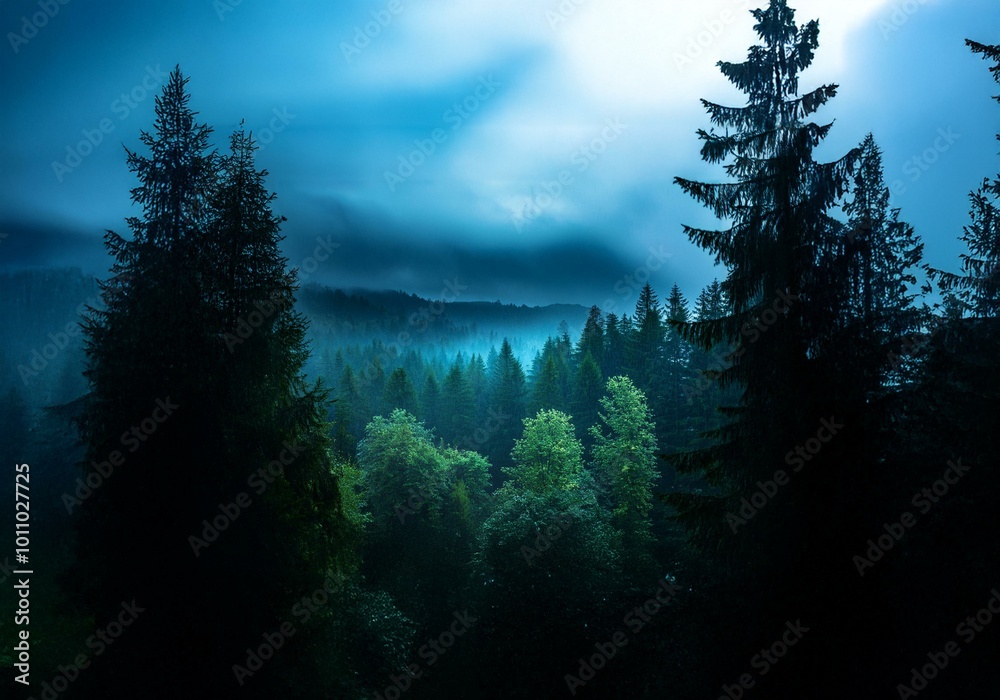 Poster A misty forest shrouded in darkness with a hint of blue in the sky.