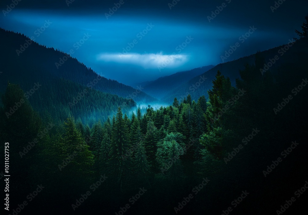Poster dark, shadowy forest with tall trees and a foggy valley below. the sky is a deep blue with a single 