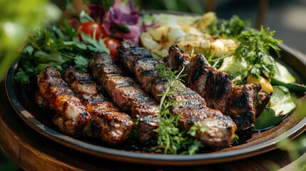 A mouthwatering plate of Northern-style grilled meats served with fresh herbs and seasonal vegetables, perfect for outdoor dining.