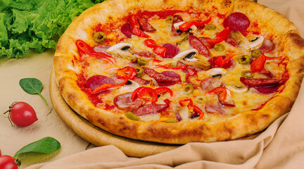 Delicious freshly baked pizza on wooden board