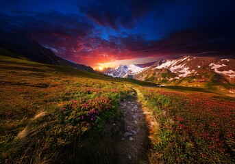 A winding path cuts through a field of wildflowers, leading towards a snow-capped mountain range under a vibrant sunset sky.