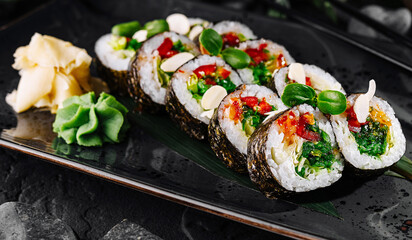 Gourmet sushi roll platter on dark slate