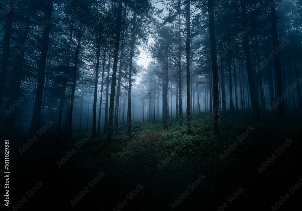 Poster A misty forest with tall trees creating a dark and mysterious atmosphere.