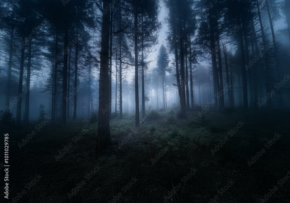Poster A dense, misty forest with tall trees and a faint path disappearing into the fog.