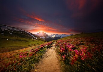 A winding path leads through a field of vibrant wildflowers towards a snow-capped mountain range with a breathtaking sunrise behind it.
