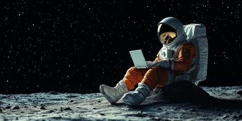 an astronaut sitting on the moon surface on a small rock on the right third of the image, wearing an orange spacesuit, white helmet, white boots and gloves. He has a laptop on his knees and is typing.