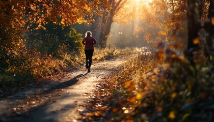 Woman jogging on scenic autumn pathway during sunrise