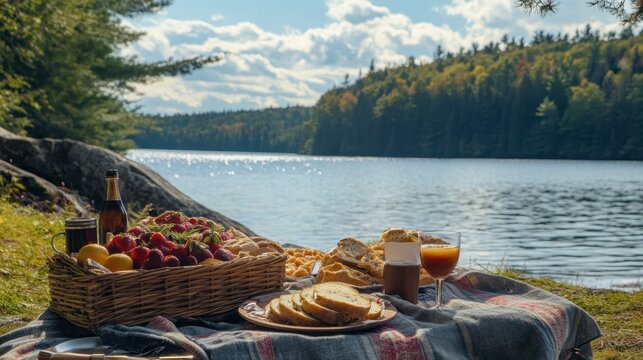 A scenic picnic spot by a lake featuring Northern food favorites like smoked salmon, crusty bread, and seasonal fruits.