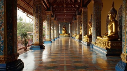 A scenic shot of the Wat Pho Chai temple in Nong Khai, with its gleaming golden Buddha statues and stunning architecture.