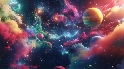 A cosmic landscape featuring planets, stars, and swirling galaxies, with vibrant colors and surreal shapes blending into the void.