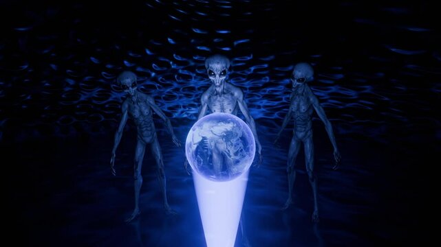 Group of three grey aliens standing behind a Hologram of Planet Earth inside their alien lair 01