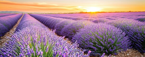Obraz premium Breathtaking lavender field at sunset, showcasing vibrant purple flowers under a warm golden sky.