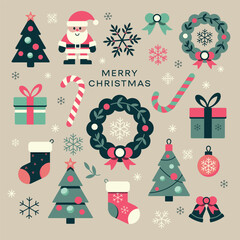 Set of Christmas icons. Vector flat illustration for poster, cards, banner. Santa Claus, snowflake, socks, gift, candy cane, christmas tree, bell