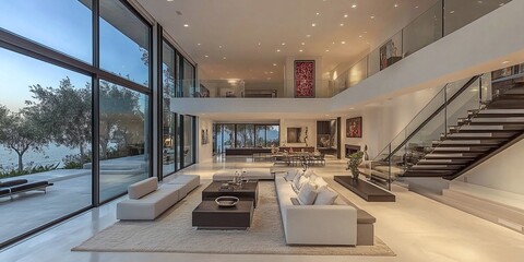 Fototapeta premium luxurious modern house with a spacious living room and glass door entrance, elegant interior design with white walls, stylish stairway leading to a bright open space, residential architecture focus