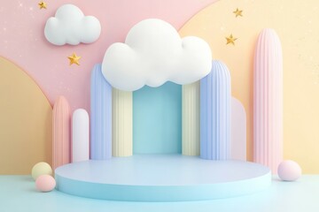 Fototapeta premium cute white cloud shape stage with stars element on sweet colorful pastel wall and blue floor 3d illustration 