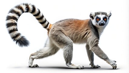Fototapeta premium Walking lemur on a white background, perfect for wildlife and nature photography. Ideal for showcasing animal traits