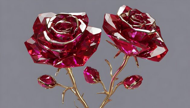 The roses could be made of polished ruby or sapphire petals, with gold or silver stems. The petals would have a faceted, crystal-like appearance, catching and reflecting the light.