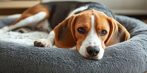 Obraz premium Peaceful Beagle Puppy Sleeping on a Cozy Dog Bed Indoors