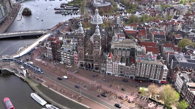 Historical Center of Amsterdam, Netherlands. Aerial Shot of Basilica of Saint Nicholas, Basiliek van de Heilige Nicolaas
