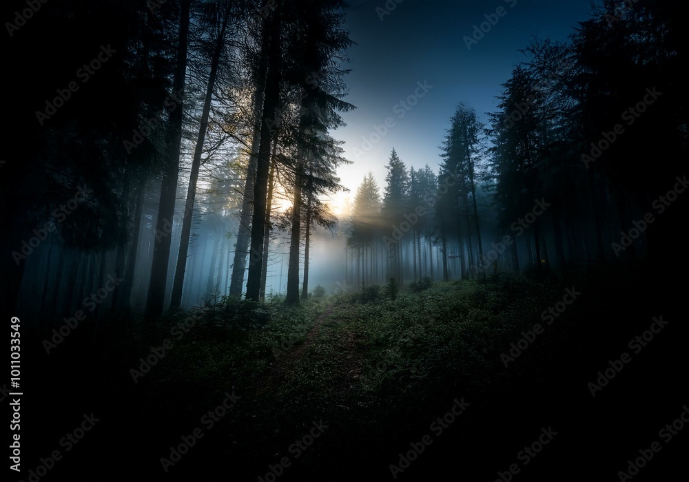 Poster Sunlight streams through the dense fog of a misty forest, illuminating the path ahead.