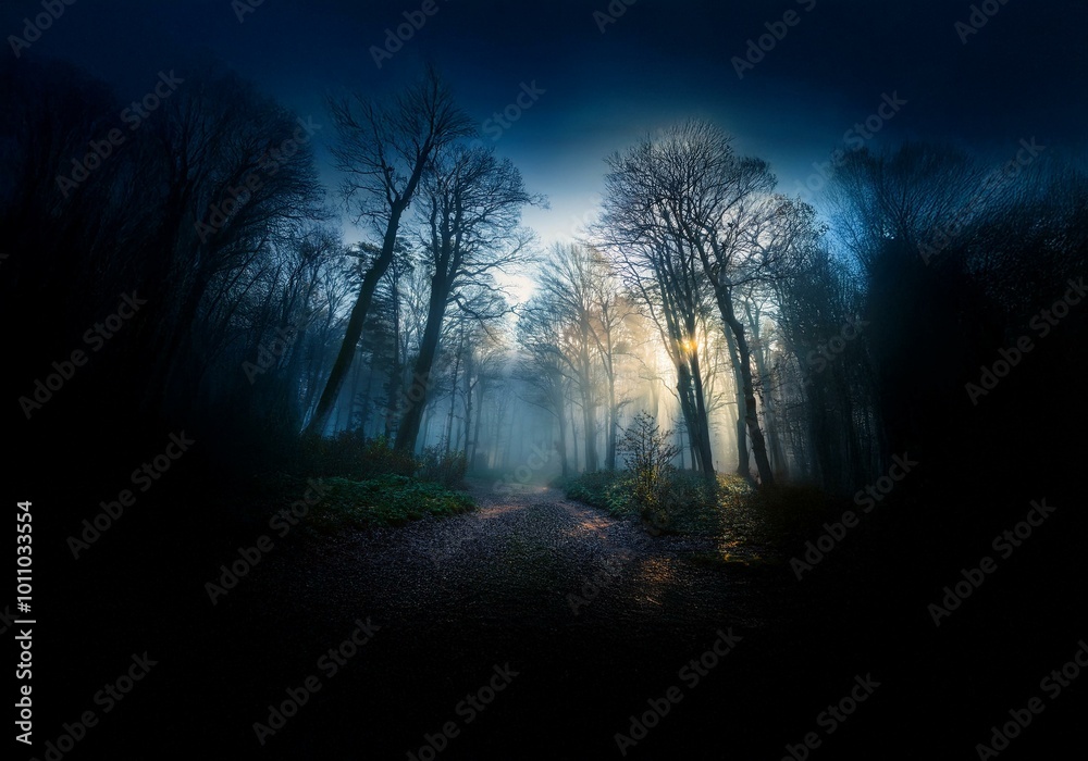 Aufkleber A dark and foggy forest path with a light shining through the trees