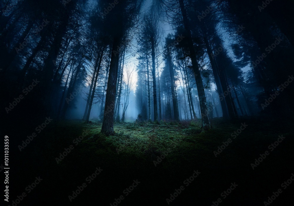 Poster a dense forest with tall trees, shrouded in a thick fog. the light from the sky above is barely visi