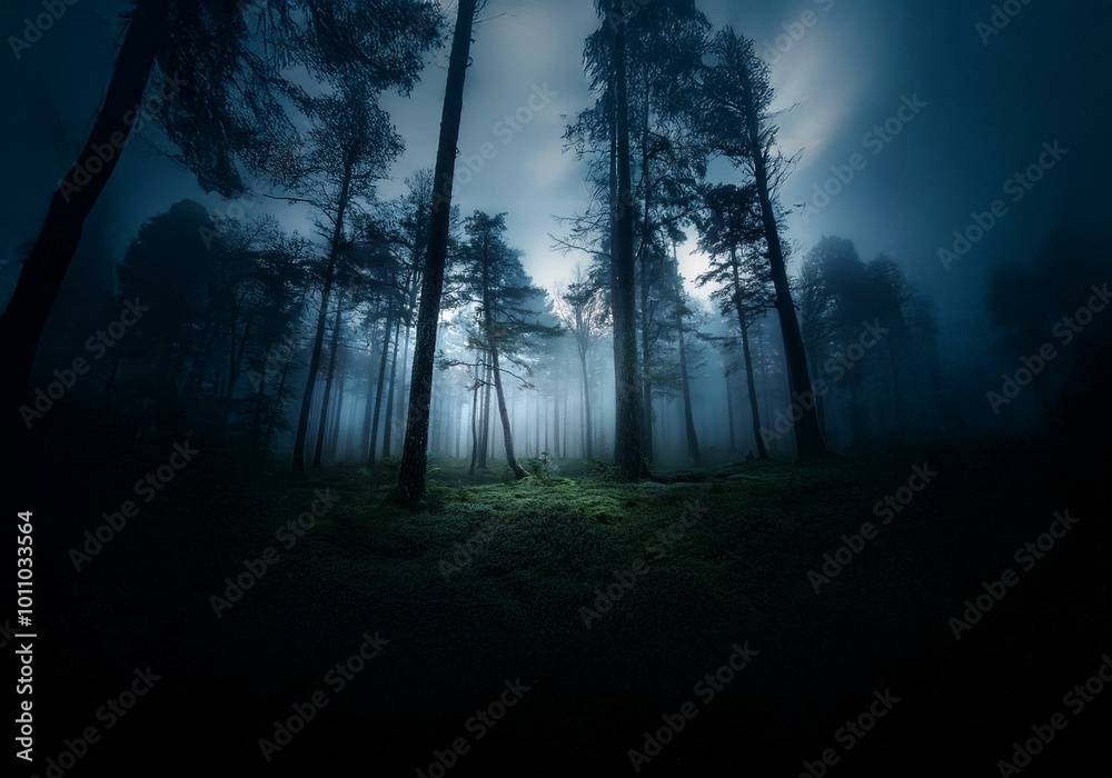 Poster a dark and mysterious forest with tall trees shrouded in fog.