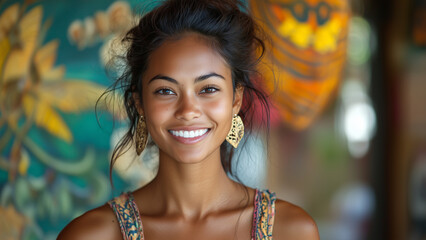 Fototapeta premium Pacific Islander Woman Artist - woman, smile, portrait, colorful, earrings, art, background, vibrant, bohemian, ethnic, cheerful, joyful, exotic, happiness, bright, fashion, jewelry