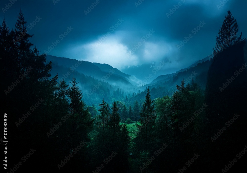 Poster a dark, misty forest with a hint of light illuminating the sky above.