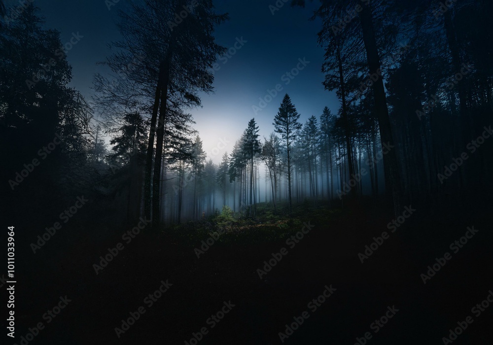 Poster silhouetted trees stand tall in a misty forest, a faint light filtering through the dense canopy.