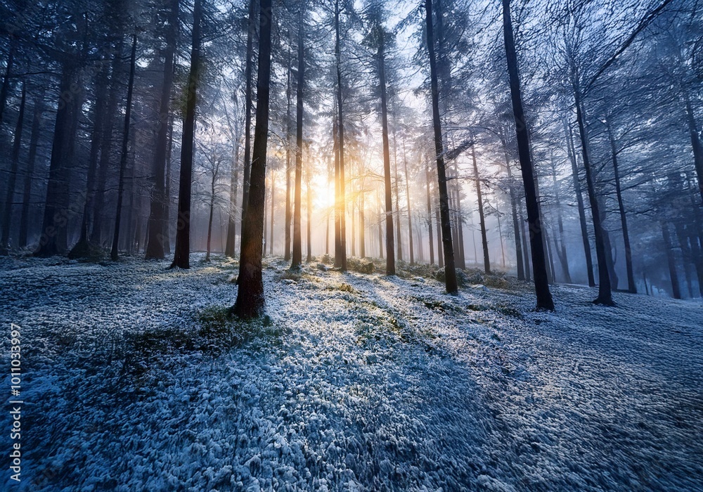 Poster A snowy forest with tall trees and a sun shining through the branches. The forest floor is covered in a thin layer of snow.