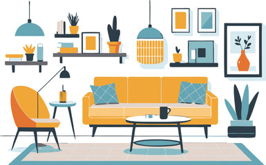 Living room illustration with sofa and furniture decoration