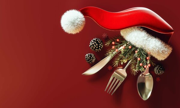 Santa hat with silver cutlery and Christmas decoration on red background. Christmas dinner concept design with copy space. 3D Rendering, 3D Illustration - Powered by Adobe