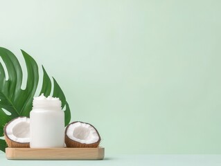 Coconut products on a green background with a tropical leaf.