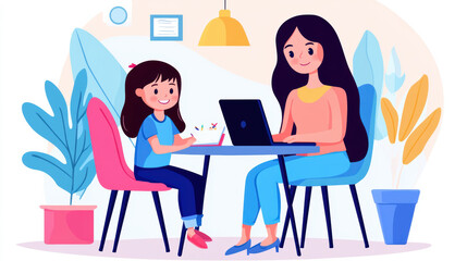 Mother and Daughter Engaged in Learning Activity at Home, AI