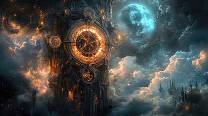 A fantastical clock tower with moving gears and intricate designs, surrounded by swirling clouds and magical lights.
