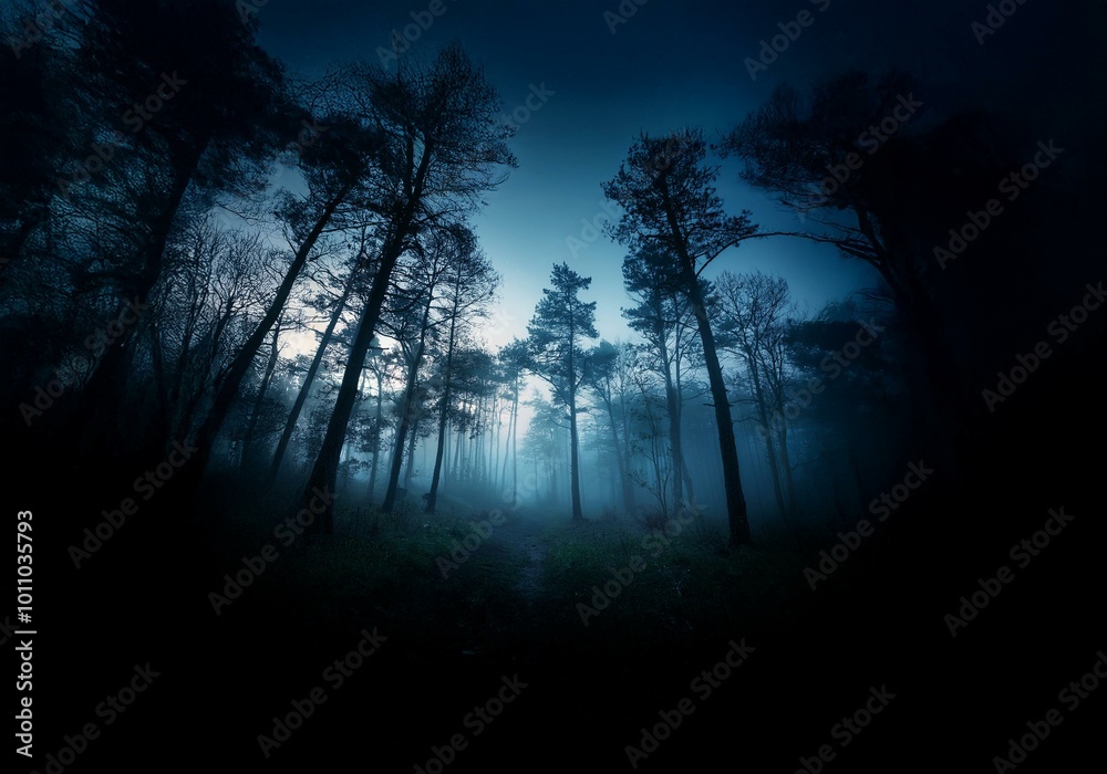 Poster a misty forest path winds through a dark, silhouetted grove of trees under a blue twilight sky.