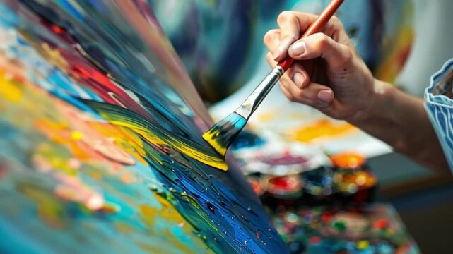 Happy student in art class, painting a colorful picture.