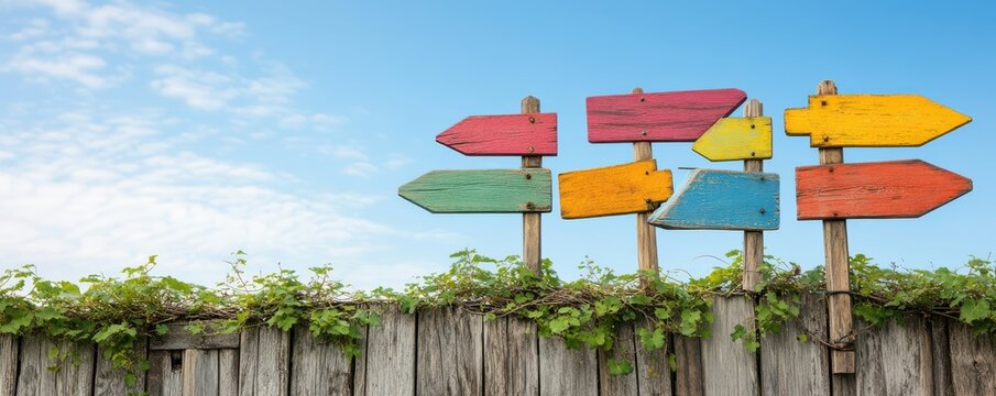 Colorful wooden directional signs against a clear blue sky, ideal for travel, guidance, and nature themes.